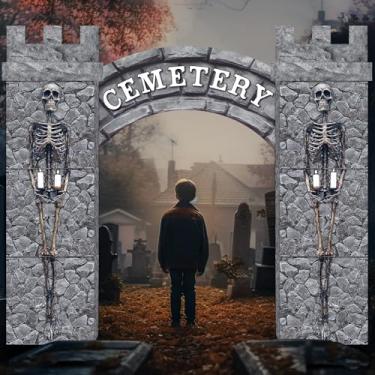 Imagem de 9Pcs Halloween Cemetery Archway Decorations Tombstones Cardboard Castle Boxes with Arch Large Halloween Haunted Village Playhouse Graveyard Skull Headstones for Trick or Treat Car Decorations Kit