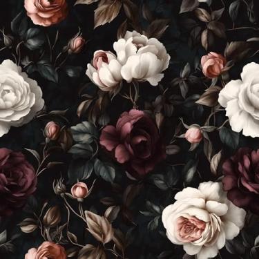 Imagem de Papel de parede rosa vintage Moody – Papel de parede floral escuro, papel de parede de vinil autoadesivo para decoração de casa, 45 x 599 cm