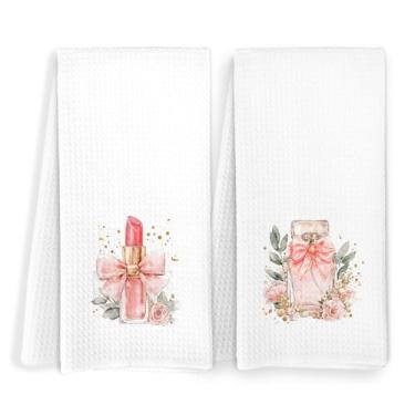 Imagem de FITIE Toalhas de mão de banheiro rosa e dourado, decoração de banheiro feminino Coquette, batom floral feminino, toalhas de mão de eucalipto para banheiro, banheiro, 40 x 61 cm, conjunto de 2