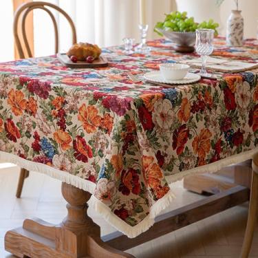 Imagem de auons Toalhas de mesa quadradas pequenas 61 x 61 cm, toalha de mesa de flores vintage com borlas, toalha de mesa de canto lavável de linho de algodão para mesa de cabeceira e centro