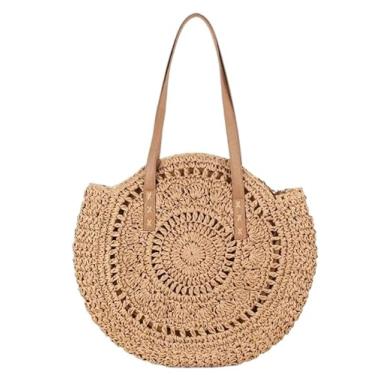 Imagem de Bolsa de Palha Redonda Grande para Praia | Bolsa de Ombro Feminina para Férias, Festas e Passeios(S-5023 Caqui)