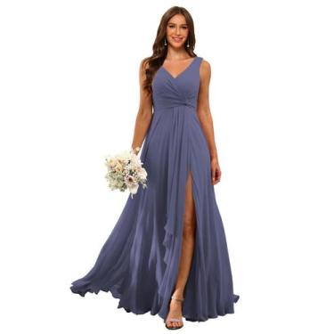 Imagem de Vestido de dama de honra ROSETOO Stormy Blue Chiffon com decote em V U