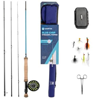 Imagem de Martin Kit combo Blue Chip 56R Streamer/Popper Fly Reel e vara de pesca, 2,5 m, 10 cm, 5 pesos, haste de 4 peças, carretel de alumínio, linha de avanço de peso, variedade de moscas, estojo de