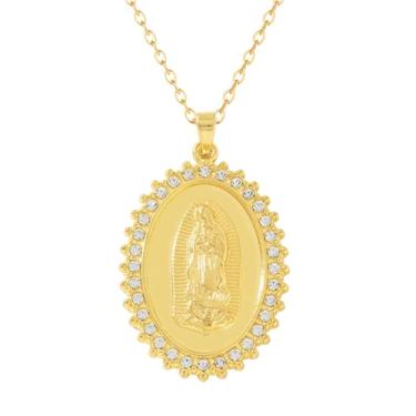 Imagem de Dreuyet Colar de Virgem Maria, presente católico para mulheres, banhado a ouro 18K, Virgem de Guadalupe, pingente de amuleto Mãe Maria Nekclace cristal de strass Nossa Senhora de Guadalupe joia