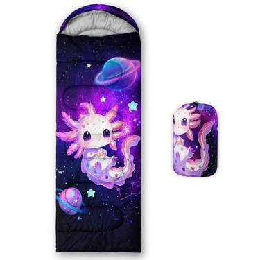 Imagem de AILONEN Sacos de dormir Space Axolotl, leves e à prova d'água, clima quente e frio para 3 estações, sacos de dormir roxos e pretos para meninas, crianças e adultos viajando, ao ar livre
