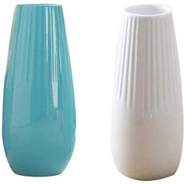 Imagem de Vaso de cerâmica pequena flor de porcelana branca e verde 20 * 6 cm | Centros de mesa adequados para sala de estar estudo quarto (conjunto de 2) para flores