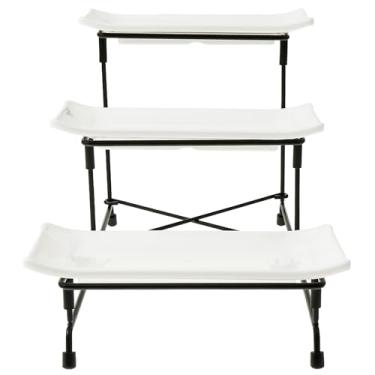 Imagem de Conjunto de 3 bandejas de servir reutilizáveis de plástico em camadas com suporte de metal preto para sobremesa e biscoitos vegetarianos (preto)