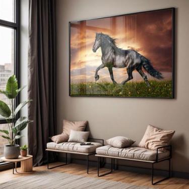 Imagem de Quadro com Moldura e Acrilico Cristal Vidro Sala Quarto Cavalo Preto D