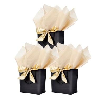 Imagem de Aosric Pacote com 3 sacos de presente pretos com fita de laço e papel de seda – 19 x 9 x 19 cm elegante bolsa de presente pequena com suporte de base para lembrancinhas de festa, aniversário