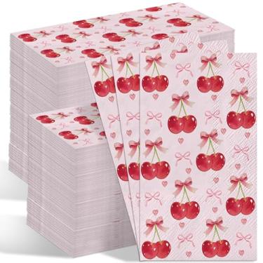 Imagem de 200 guardanapos descartáveis de papel cereja com laço rosa, toalhas de mão decorativas fofas de cereja para banheiro, guardanapos descartáveis para convidados para casamento, festa de aniversário, chá
