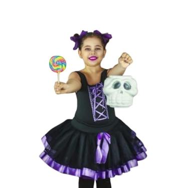 Imagem de Fantasia Infantil Halloween, Saia de Tule Preto com Fita Roxa, Collant detalhado Corset preto, Saia Tutu, Acessórios em Roxo, para Festa à Fantasia - Tam M- 8 anos