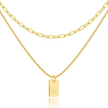 Imagem de Poxtex Colar de ouro com inicial para mulheres, ouro real 14 quilates com nome delicado colar personalizado e clipe de papel, colar com pingente de letra quadrada em camadas na moda 26 maiúsculas A a Z, joias de ouro presentes para mulheres e meninas, Ouro, Sem Pedra Preciosa