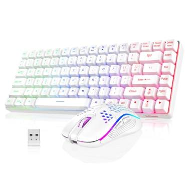 Imagem de RedThunder Combo de teclado e mouse sem fio K84, bateria recarregável com retroiluminação arco-íris, teclado para jogos ultra compacto TKL 75% Layout e mouse óptico de colmeia leve de 3200 DPI (branco