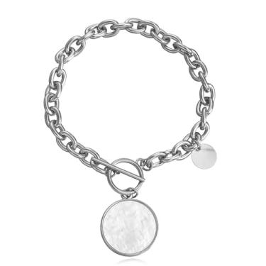 Imagem de Zeshimb Pulseira de corrente grossa, corrente de elos dourados, pulseira com fecho de strass, pingente de moeda vintage, pingente de moeda, fecho articulado, joias para mulheres e meninas (árvore