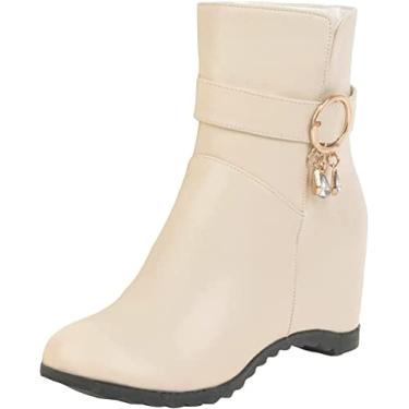 Imagem de Botas femininas de couro sintético para uso ao ar livre inverno quente bico redondo botas de neve botas curtas anabela, Bege, 37 BR