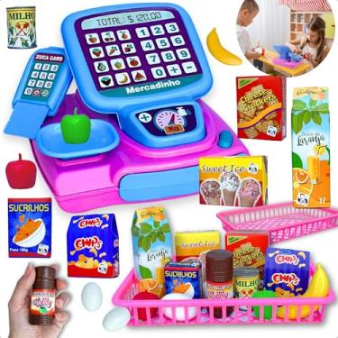Imagem de Caixa Registradora Infantil De Brinquedo Com 21 Peças Educativas Para Meninos E Meninas – Cestinha, Moedinhas, Cartão, Frutas E Caixinhas De Mantimentos Que Estimulam Coordenação, Imaginação.
