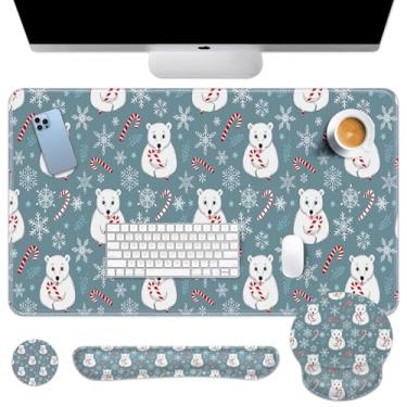 Imagem de Britimes Conjunto de mouse pad de Natal floco de neve branco muleta de urso 4 em 1 grande mousepad teclado descanso de pulso + mouse descanso de pulso + conjunto de porta-copos com design ergonômico