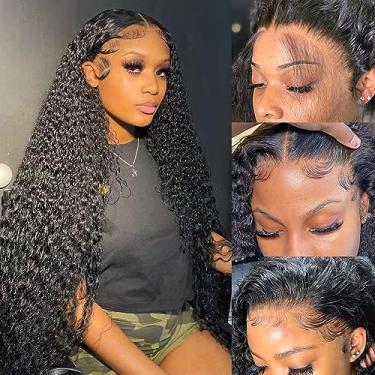 Imagem de Peruca frontal de ondas profundas 33 x 10 cm com tela frontal transparente para mulheres negras, cabelo humano pré-arrancado com cabelo de bebê cor natural (peruca de onda profunda de 33 x 10 cm, 50 cm)