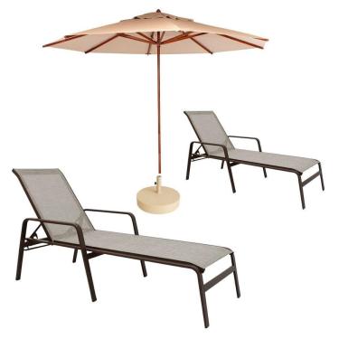 Imagem de 2 Cadeira Espreguiçadeira Piscina Sevilha + Guarda Sol Praia Nossakasa Capuccino