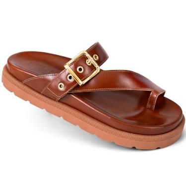 Imagem de Sandália Papete Feminina Lumiss Bico Redondo Confortável Fivela Dourada Blogueira caramelo38