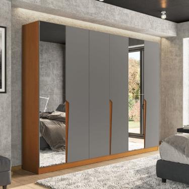 Imagem de Guarda Roupa Roupeiro 6 Portas 4 Gavetas com Espelho Porto Freijó Cinza Politorno Móveis