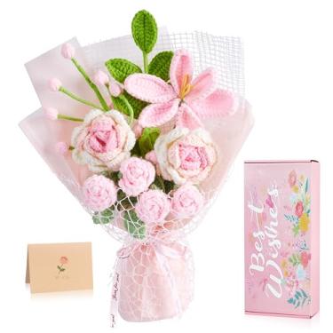 Imagem de NUKAYAI Buquê de flores de crochê, tulipas de malha rosa, buquê de flores de crochê feito à mão para Dia de Ação de Graças, Natal, aniversário, presentes de casamento para namorada, mãe, esposa e