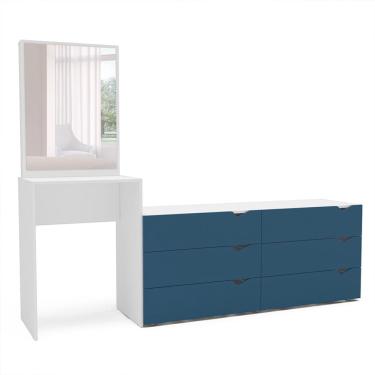 Imagem de Cômoda com Espelho Porto 6 Gavetas Branca e Azul