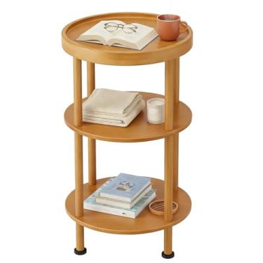 Imagem de Mesa lateral de bambu, mesa lateral redonda pequena de bambu de 3 camadas, mesa de canto redonda para sala de estar, mesa de cabeceira com prateleiras de armazenamento para quarto (clássica, marrom)