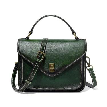 Imagem de LOXOMU Bolsa feminina de couro legítimo, bolsa de ombro vintage com alça superior pequena com alça ajustável, Verde, Small