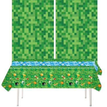 Imagem de Kit de Decoração Festa Aniversário Pixel, Toalha Mesa Verde Tema Videogame e Cortinas Franjas Izadas para Aniversário Meninos Meninas Amantes Jogos Lembrancinhas e Artigos Festa Tema Pixel