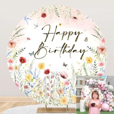 Imagem de OERJU Capa de fundo redonda de flores silvestres de aniversário de flores silvestres decoração de festa de feliz aniversário círculo para mulheres meninas primavera borboleta floral aniversário