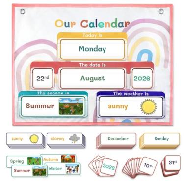 Imagem de AKAYOK Tabela de bolso com 70 cartões – Grande 47 x 36,8 cm, calendário de parede 2024-2028 com 2 bolsos de armazenamento, tabela meteorológica perfeita para aprendizado em pré-escola e escola em casa