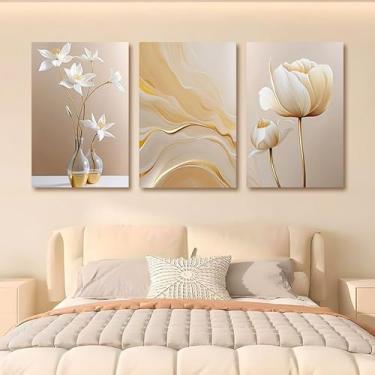Imagem de Quadro Decorativos Quarto Flores Brancas Tons De Areia Quente Quadros Decorativos 3 Peças(30×50×3)