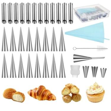 Imagem de LUMINFLY Molde de croissant Cannoli Kit de tubos de aço inoxidável 35 peças, cones de chifre de creme, ferramentas de pastelaria dinamarquesa conjunto versátil para fazer sobremesas, escova de limpeza