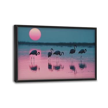 Imagem de Olivine Arte de parede de flamingo, decoração de parede com imagens do pôr do sol, pintura de praia, impressões em tela de animais tropicais, arte emoldurada para banheiro, quarto, sala de estar
