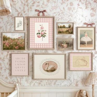 Imagem de Vodefoad Conjunto de arte de parede de berçário rosa retrô decoração de parede de berçário de bebê fofo decoração de quarto infantil pintura em tela de paisagem de coelho cisne arte vintage galeria de