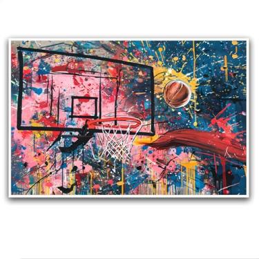 Imagem de Pôster de grafite explosivo de basquete emocionante bola voadora e cesta arte dinâmica casa academia quarto escritório decoração alto contraste esportes motivacionais arte de parede 20 x 30 cm sem