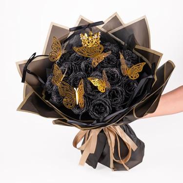 Imagem de Buquê de rosas com glitter, 24 rosas DIY buquê de flores falsas, buquê de rosas artificiais brilhantes eternas, dia dos namorados, aniversário, noivado, casamento, preto