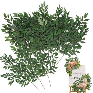 Imagem de 40 peças de hastes de vegetação ruscus italiana – videiras de vegetação artificial, ramos de guirlanda de folhas falsas para decoração de casa, folhas verdes vivas para uso interno e externo