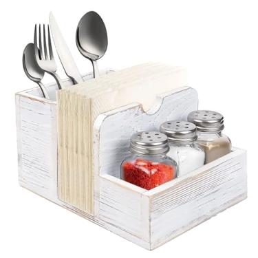 Imagem de Porta-utensílios branco rústico de madeira com dispensador de guardanapo, para talheres, guardanapos e condimentos, caixa organizadora de cozinha multifuncional, suporte de mesa