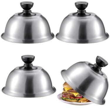 Imagem de Coberturas redondas de aço inoxidável para grelha, 4 peças de coberturas de hambúrguer, cúpulas para derreter queijo com alça antiqueimaduras, coberturas para cozinhar hambúrgueres, bifes, bacon