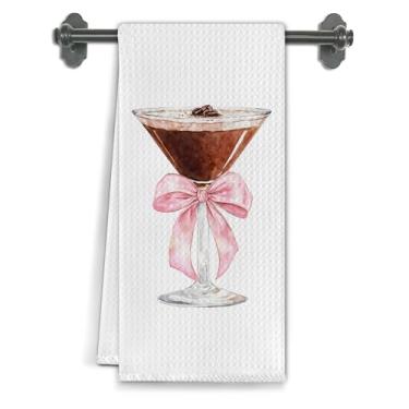 Imagem de Elefeltclave Engraçado Espresso Martini Presentes Toalhas de Cozinha, Presentes para Amantes de Martini, Toalhas de Chá para Cozinha Bar Carrinho Decoração de Pub, Coquette Pink Bow Cocktail Toalhas