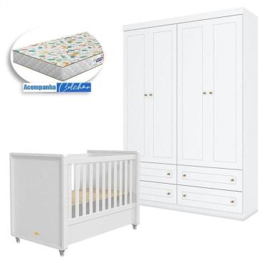 Imagem de Berço Tutto New E Guarda Roupa Infantil Americano 4 Portas Branco Fosco Com Colchão Gazin - Matic