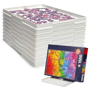 Imagem de Playboda Pacote com 9 bandejas de classificação de quebra-cabeça com tampa multifuncional – Bandejas grandes empilháveis de 28 x 23 cm para quebra-cabeças de 1000 a 1500 peças, presente ideal para