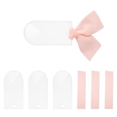 Imagem de Handship 20 conjuntos de cartões de lugar de acrílico transparente placa de nome de casamento DIY cartões de assento em branco arqueados placas de nome de convidado com fitas para mesa de recepção de