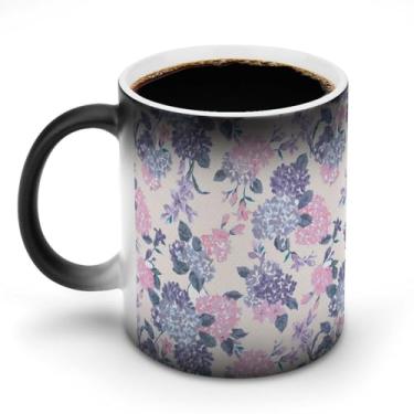 Imagem de OEDTF Caneca de café de cerâmica mágica de hortênsia, 325 ml, lavável na lava-louças e no micro-ondas, xícaras de chá brancas com alça para xícara de café decorativa, presente para homens e mulheres