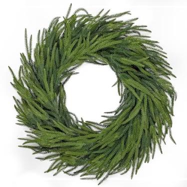 Imagem de Briful Guirlanda de Natal artificial de pinheiro Norfolk de 66 cm para porta da frente, guirlanda de férias verde com base de videira natural, guirlanda de inverno grande para parede, lareira, varanda