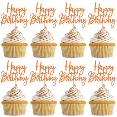 Imagem de 24 Pack Happy Birthday Cupcake Toppers Glitter Celebrating Birthday Cupcake Picks for Baby Shower Kids Theme Party Cupcake Decorations Supplies Orange