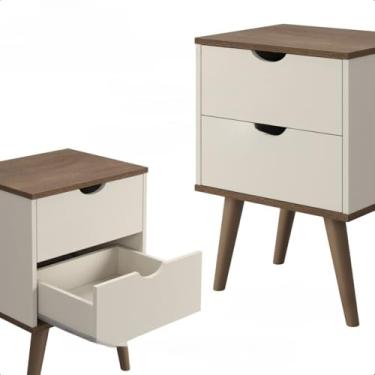 Imagem de Mesa de Cabeceira Grécia Elegance para Quarto - Cama Casal com 2 Gavetas, Pés Palito, Móvel Quarto 60 * 35 * 40cm(Off White/Canela)