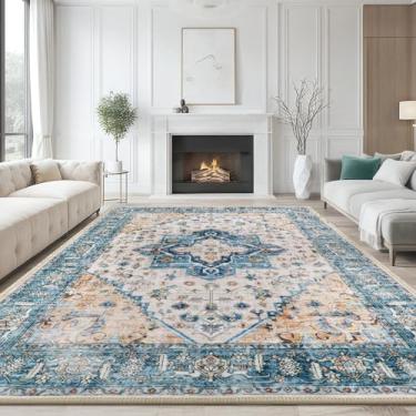 Imagem de Icegrey Tapete lavável 2,5 m x 25,4 cm, tapetes grandes e macios dobráveis para sala de estar, antiderrapante, vintage, estampa de angústia, tapetes de área para quarto, sala de jantar, bege